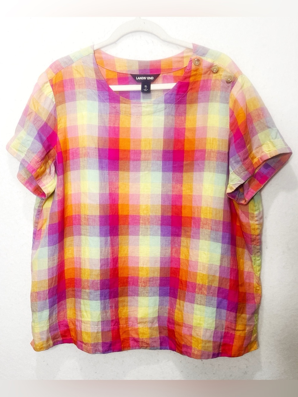 Lands’ End Women’s XL Rainbow Plaid 100% Linen Top Button Shoulder Short Sleeve